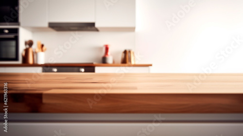 Blank empty space on beautiful wood wooden kitchen counter top. Generative AI