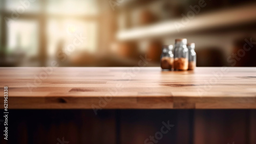 Blank empty space on beautiful wood wooden kitchen counter top. Generative AI