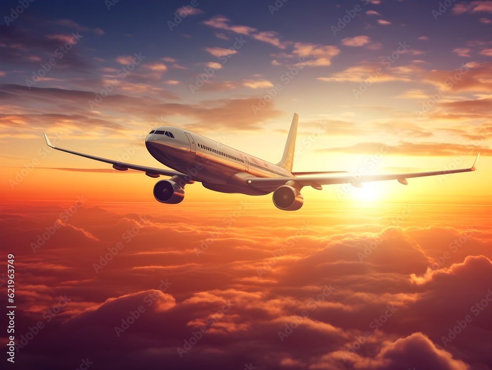 Über den Wolken: Ein Flugzeug schwebt im zauberhaften Sonnenuntergang