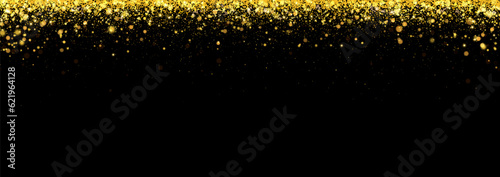 Festive vector background with gold glitter and confetti for christmas celebration. Black background with glowing golden particles.
