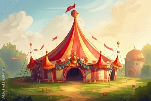 Cartoon illustration of a colorful circus tent in the forest.