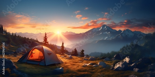 camping tent high in the mountains at sunset. banner with copy space. generative AI