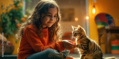 Playing with kitten at home. cute young girl relaxing in living room and hugging, playing with pet, generative ai