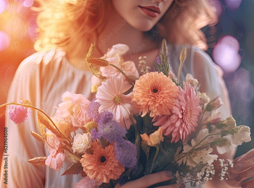 Woman, face and happy for valentines day flowers, love and care as gift for kindness, birthday or romance. Woman person with rose flower bouquetCreated with Generative AI technology Woman, face and happy for valentines day flowers, love and care as gift for kindness, birthday or romance. Woman person with rose flower bouquetCreated with Generative AI technology