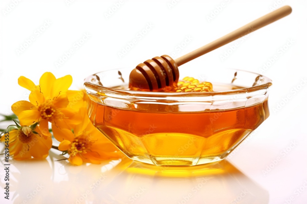 Honeycomb and honey in glass bowl and spoon, flower isolated on white background Honeycomb and honey in glass bowl and spoon, flower isolated on white background