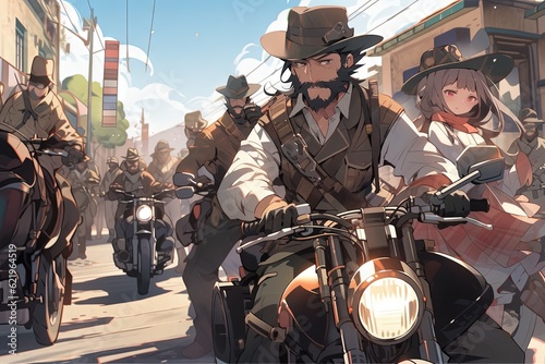 anime gunslingers as they ride alongside the legendary Pancho Villa, challenging corruption and tyranny mexican revolution illustration anime illustration generative ai photo
