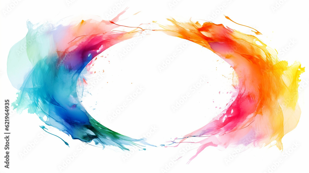 Abstract colorful rainbow color painting illustration - Elliptical ellipse frame made of watercolor splashes, isolated on white background, Generative Ai