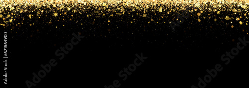 Festive vector background with gold glitter and confetti for christmas celebration. Black background with glowing golden particles.