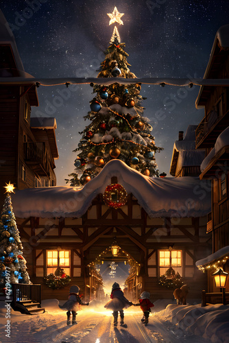 Christmas Village Card with Children Winter