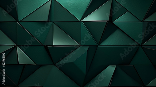 Abstract triangular dark green mosaic tile wallpaper texture with geometric fluted triangles background banner, Generative Ai