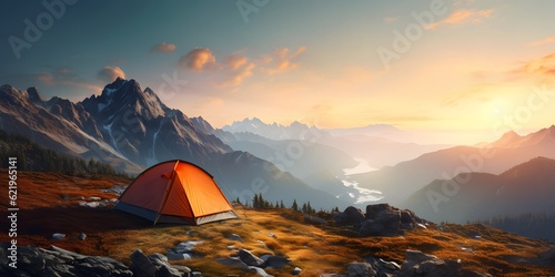 camping tent high in the mountains at sunset. banner with copy space. generative AI