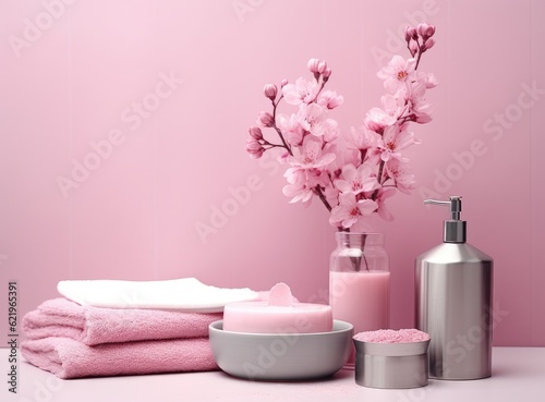 Soft light bathroom decor in pastel pink color  towel  soap dispenser  white flowers  accessories on pastel pink shelf. Created with Generative AI technology.