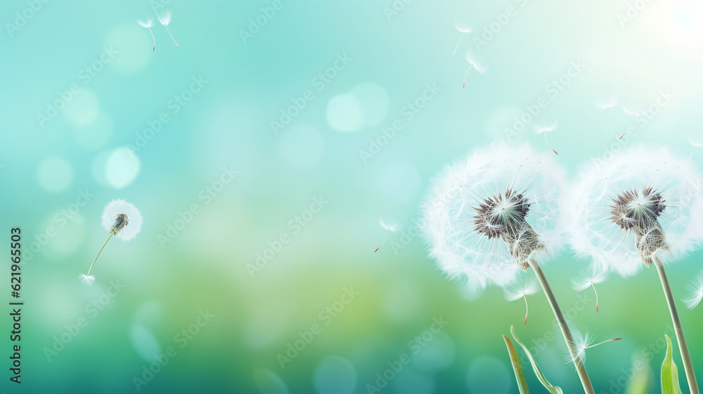 Obraz premium Beautiful closeup of blowball dandelion in nature in spring summer morning, with bokeh and blue turquoise green background banner panorama, Generative Ai