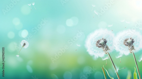 Beautiful closeup of blowball dandelion in nature in spring summer morning, with bokeh and blue turquoise green background banner panorama, Generative Ai