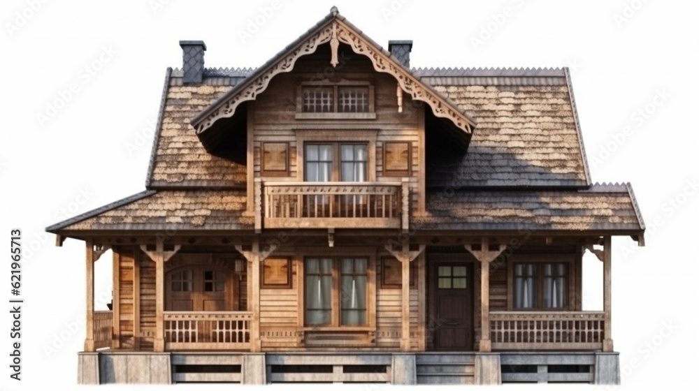 Wooden house isolated on white background. 3d rendering illustration. Generative AI. Wooden house isolated on white background. 3d rendering illustration. Generative AI.