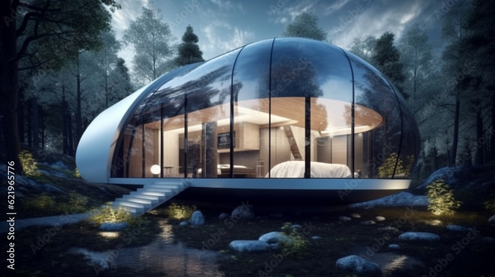3d rendering of a modern house in the middle of the forest. Generative AI.