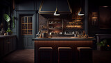 Professional restaurant kitchen interior, indoor dark background with furniture and utensils Ai generated image