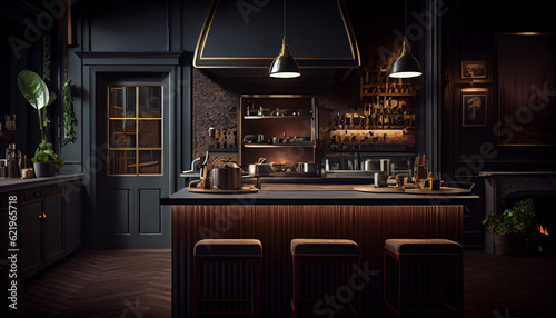 Professional restaurant kitchen interior  indoor dark background with furniture and utensils Ai generated image