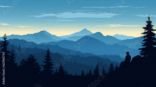 Blue landscape background banner panorama illustration vector drawing - View with black silhouette of mountains, hills, forest trees firs and woman sitting on rock, Generative Ai