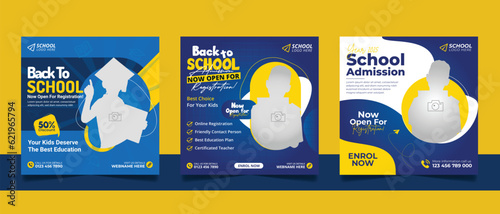 School admission social media post banner, educational social media post square flyer back to school web banner design template.