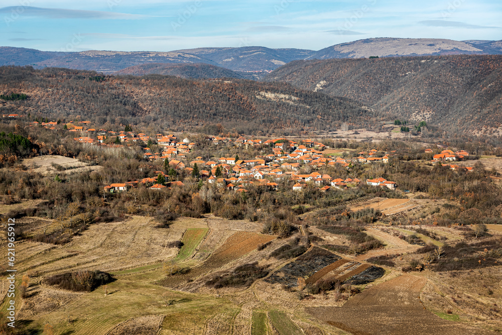 Nisevac Village in Nisevac Gorge - a view from Svrljig mountains in Serbia under a beautiful sky