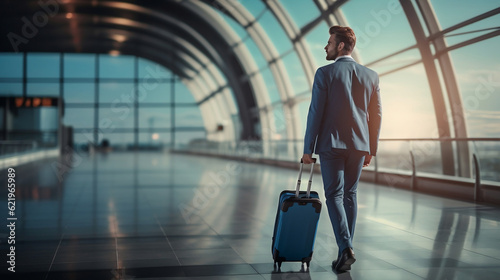 Business background - successful business man with blue suit and suitcase in the airport on the way to a business trip, Generative Ai
