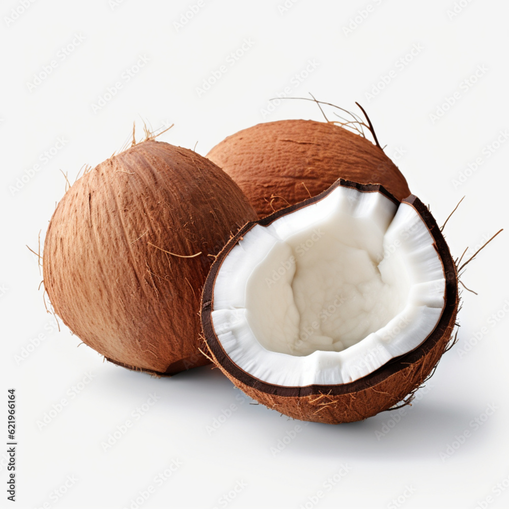 Illustration, AI generation. Coconuts on a white background. Whole and half nuts. Isolate. Illustration, AI generation. Coconuts on a white background. Whole and half nuts. Isolate.
