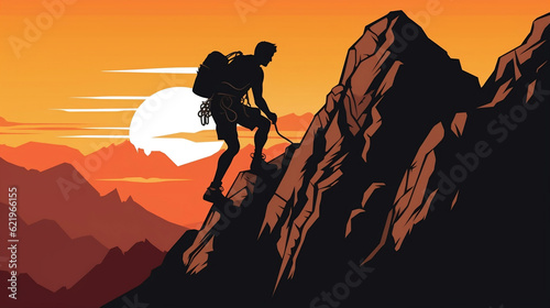 Climb climber adventure hobby vector illustration for logo - Black silhouette of a climbers on a cliff rock with mountains landscape and sunset sunrise as a background, Generative Ai