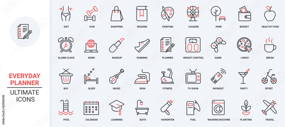 Planner trendy red black thin line icons set vector illustration ...