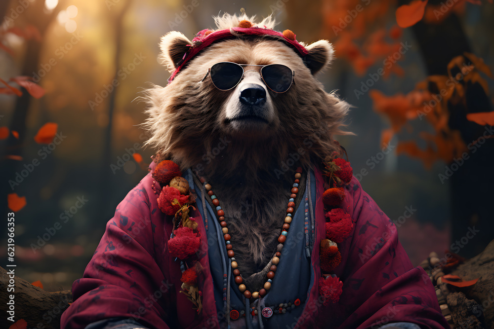 Hyper realistic illustration of Bear doing yoga in the forest. In the environment of a forest with magic light and dressed in Hindu clothes and glasses. Saturated and complementary colors.