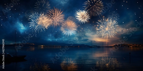 2024 New Year s Eve Party Background Banner Panorama Long Fireworks Over Rustic Dark Blue Night Sky Texture