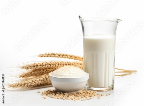 Milk or drink water or barley water in glass bottle with raw and cooked pearl barley wheat seeds selective focus. Created with Generative AI technology.