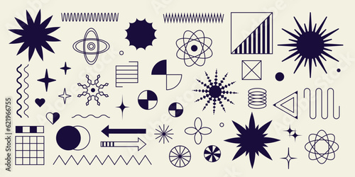 Set of retro geometric shapes, memphis forms, geometric emblems with primitive forms, y2k shapes, brutal design elements.