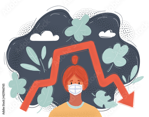Young woman in virus protection face mask under going down arrow.