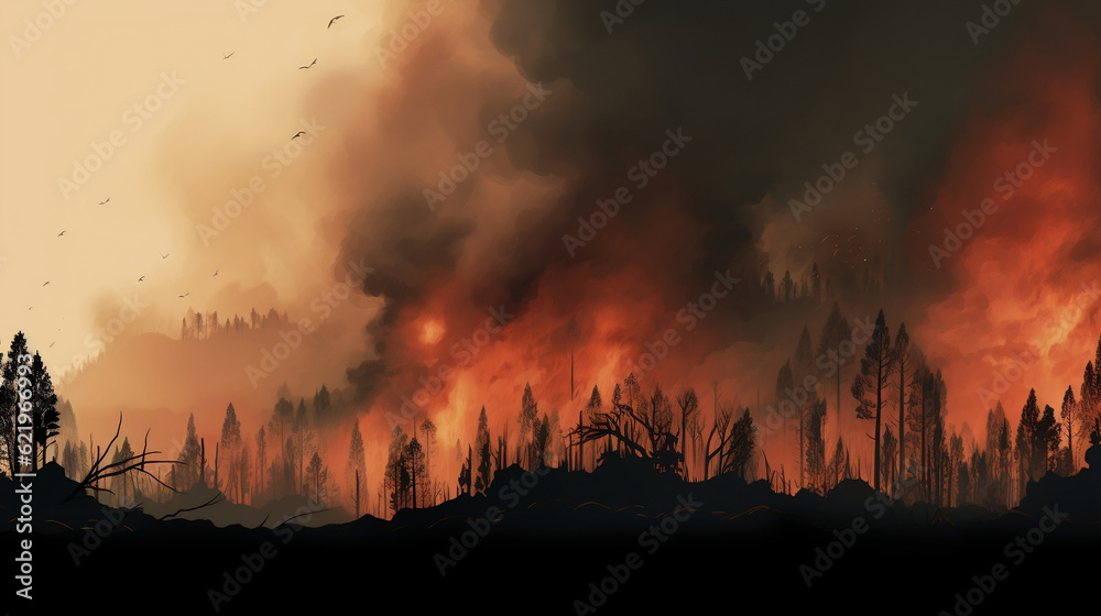 Forest fire, wildfire landscape natural disaster background banner panorama - Burning flames with smoke development and black silhouette of forest trees and firefighters, Generative Ai