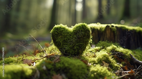 Forest dig cemetery, funeral background - Closeup of wooden heart on moss. Natural burial grave in the woods. Tree burial, Generative Ai