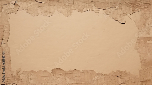 Frame made of brown beige old damaged torn paper, cardboard pattern texture background banner panorama, Generative Ai