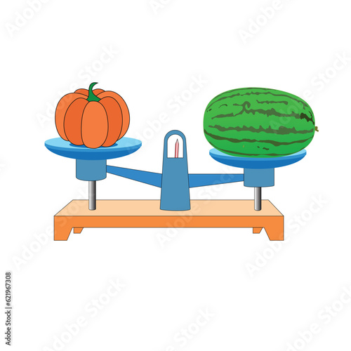 balance Scale pumpkin, and Water melon. scales in balance, an imbalance of scales. vector illustration. on white background. scale clipart