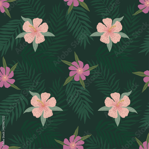 Vector abstract cute hand drawn illustration with palm leaves  hibiscus flowers. The pattern is great for fabric  wallpaper  wrapping paper  postcard  layout.