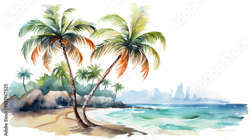 Holiday summer travel vacation illustration - Watercolor painting of palms, palm tree on teh beach with ocean sea, design for logo or t shirt, isolated on white background, Generative Ai