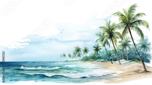 Holiday summer travel vacation illustration - Watercolor painting of palms, palm tree on teh beach with ocean sea, design for logo or t shirt, isolated on white background, Generative Ai
