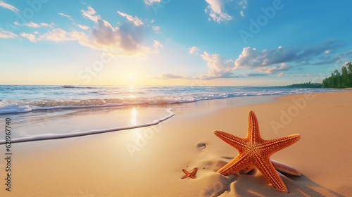 Landscape seascape summer vacation holiday travel tropical ocean sea background panorama - Close up of starfish and plam leaves on the sand beach, illuminated by the sun, Generative Ai