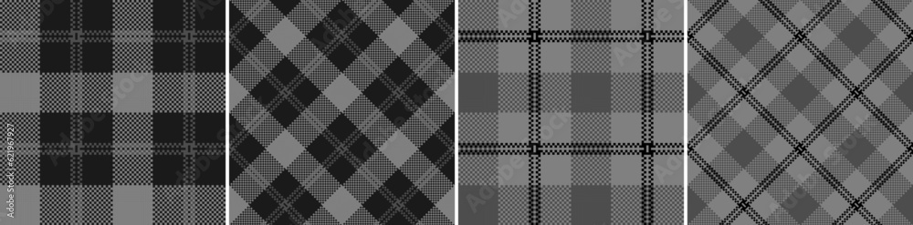 Set black and white check plaid seamless vector pattern. Set black and white check plaid seamless vector pattern.