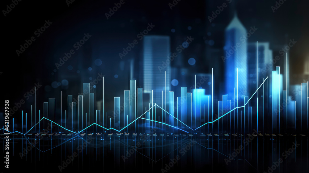 A business candlestick graph chart of stock market investment trading on blue background, bullish point ,upward trend, financial analytics concept of  monochrome graph diagram like sky, Gen ai