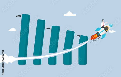 Business disruption, winning over traditional business, new market leader concept, Businessman riding rocket breaking through falling down bar graph.