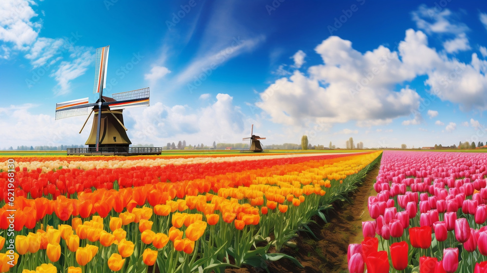 Panorama of landscape with blooming colorful tulip field, traditional dutch windmill and blue cloudy sky in Netherlands Holland , Europe - Tulips flowers background panoramic banner, Generative Ai