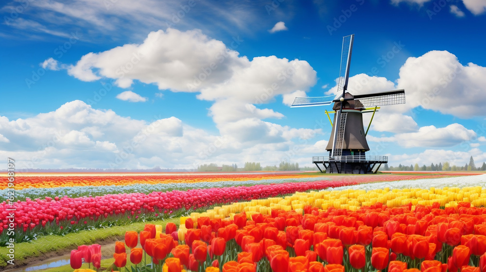 Panorama of landscape with blooming colorful tulip field, traditional dutch windmill and blue cloudy sky in Netherlands Holland , Europe - Tulips flowers background panoramic banner, Generative Ai