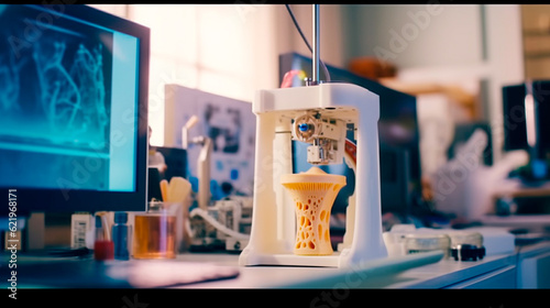 Futuristic Medicine: Close-up of a 3D Printer in a Hospital Lab Producing Customized Bone Structures. Generative AI.