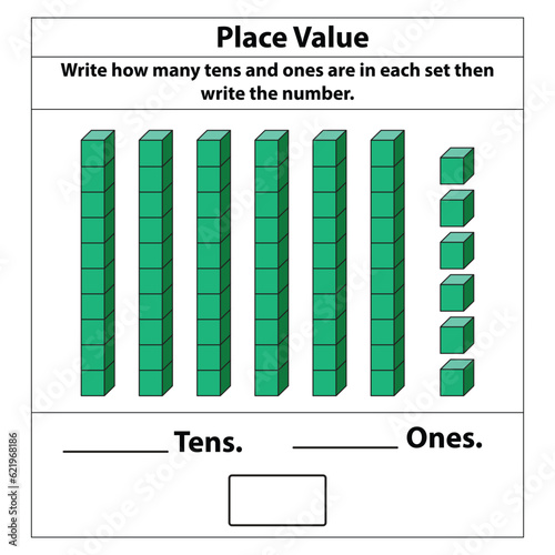 Place Value tens and ones. 10 blocks. and single blocks. Vector illustration isolated on white background.