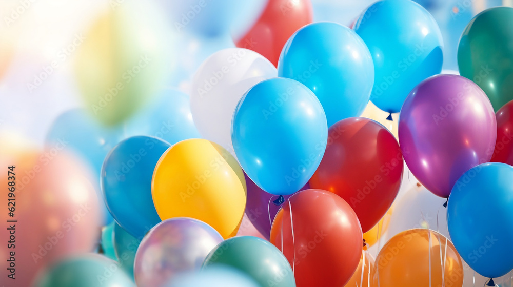 Party birthday celebration celebrate holiday background - Closeup of bunch with colorful balloons, Generative Ai Party birthday celebration celebrate holiday background - Closeup of bunch with colorful balloons, Generative Ai
